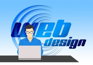 Image of man at computer with the words Web design behind it